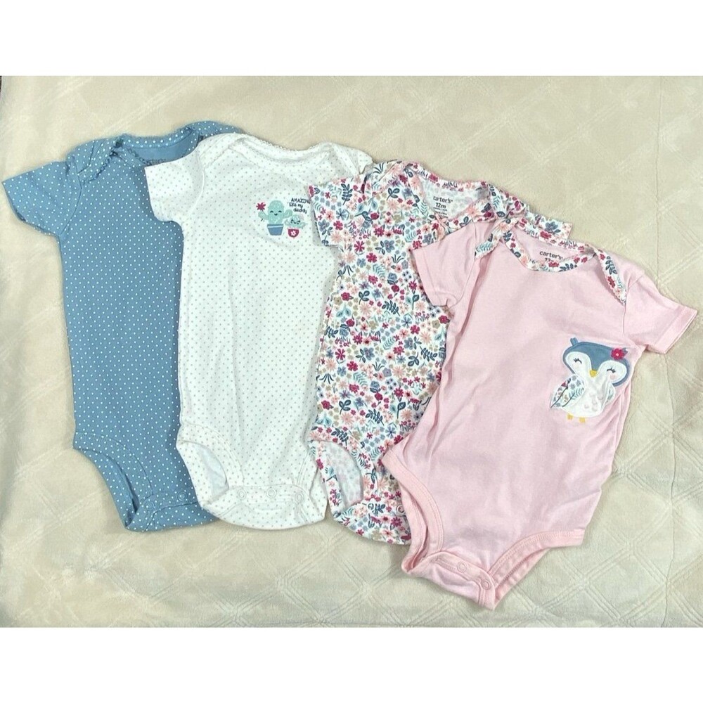 Carter’s 12M Baby Girl Bodysuit Bundle Floral Owl Polka Dot 4pc